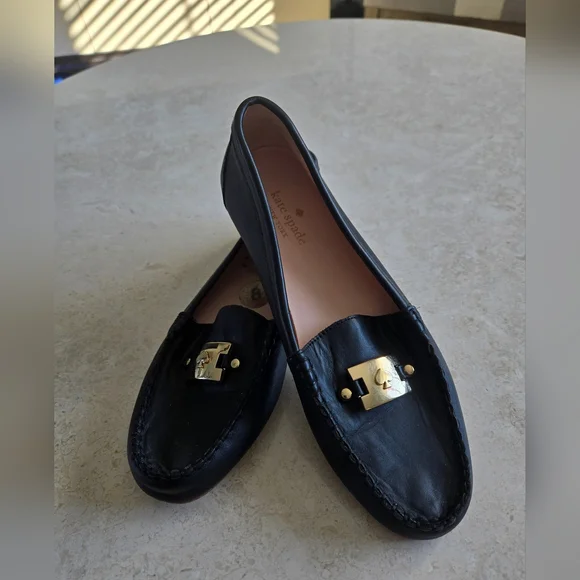 Kate Spade Black Leather Loafers with Gold-Tone Logo Accent - Picture 1 of 6